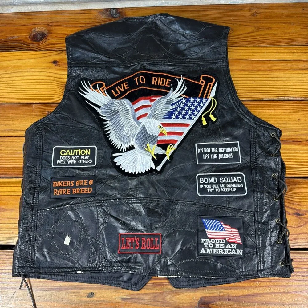 DIAMOND PLATE BUFFALO LEATHER BLACK BUTTON UP BIKER VEST WITH PATCHES XL